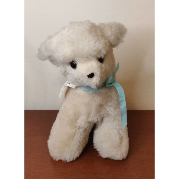 Vintage real Sheepskin Stuffed Lamb Animal White Blue Ribbon. - Picture 1 of 7
